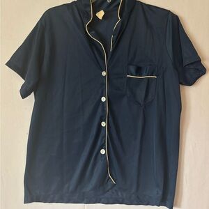 Vintage Miss Elaine Dark Blue Silky Pajama shirt with White Piping